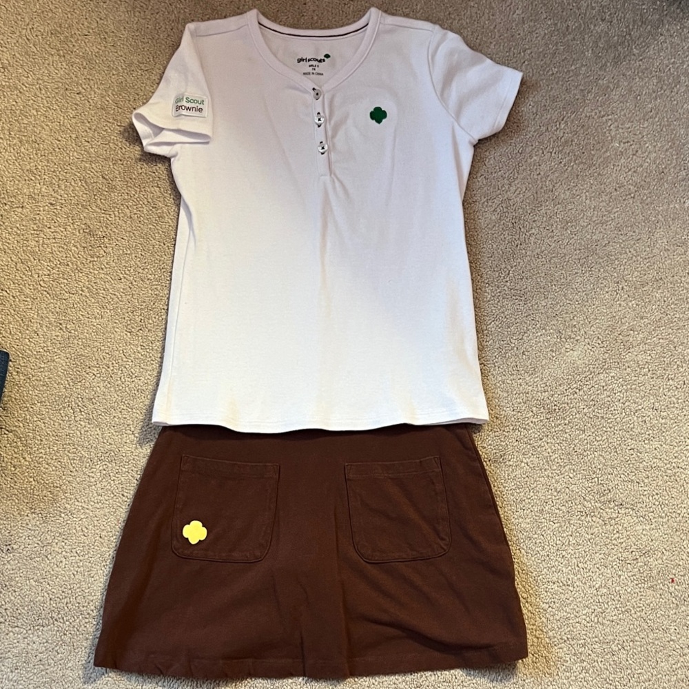 Brownie Girl Scout Uniform White Henley Top and Brown Skort Set